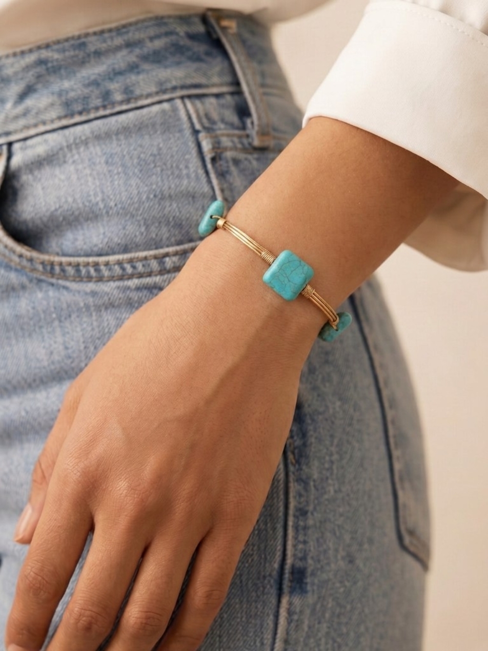 Boho Gold Wire Wrapped Turquoise Stone Bangle Bracelet